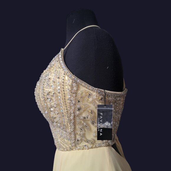 Faviana Pastel Yellow Halter Beaded A-line Lace-Up Chiffon Dress New with Tags - Picture 7 of 10